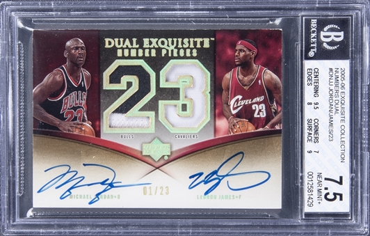 2005-06 UD "Exquisite Collection" Dual Exquisite Number Pieces #DNJJ Michael Jordan/LeBron James Signed Game-Used Patch Card (#01/23) - BGS NM+ 7.5/BGS 9